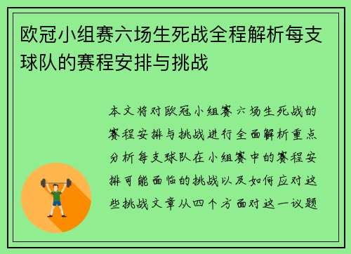 欧冠小组赛六场生死战全程解析每支球队的赛程安排与挑战